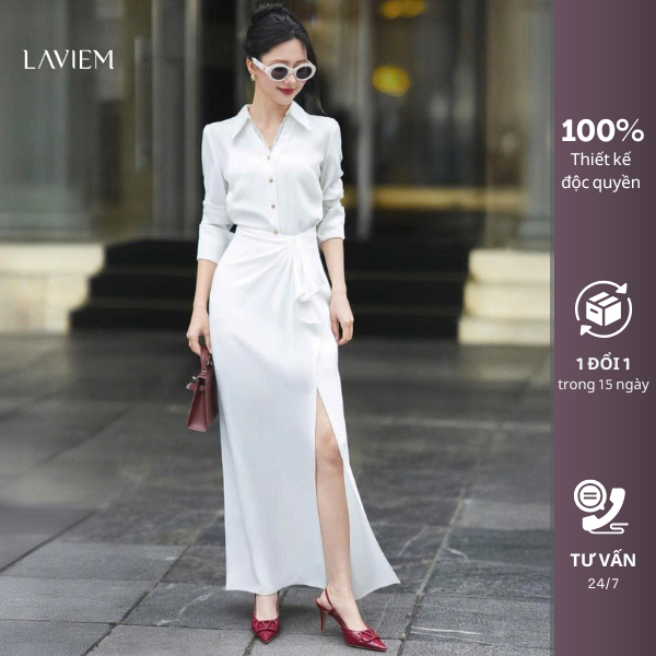 LAVIEM - Áo sơ mi trắng dài tay cổ phối ren kết hợp chân váy dài nhún eo - Oscar Shirt & Oscar Skirt