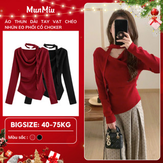  Áo thun dài tay vạt chéo nhún eo ôm dáng chất catmi phối cổ choker dây rời thời trang MunMiu 3014 