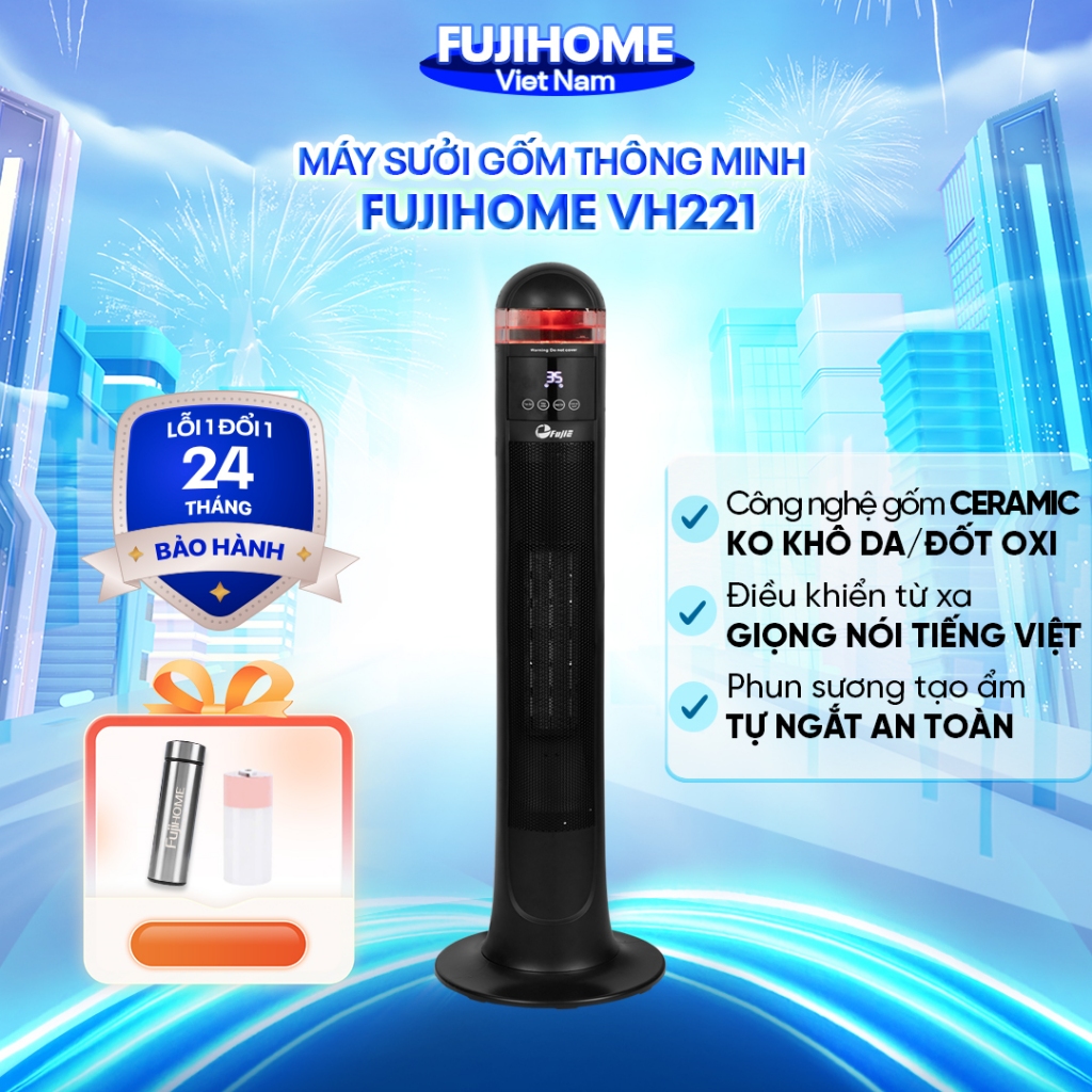 Máy sưởi gốm điều khiển bằng giọng nói bù ẩm FUJIHOME , quạt sưởi ấm phun sương tạo ẩm không khô da, chỉnh nhiệt độ