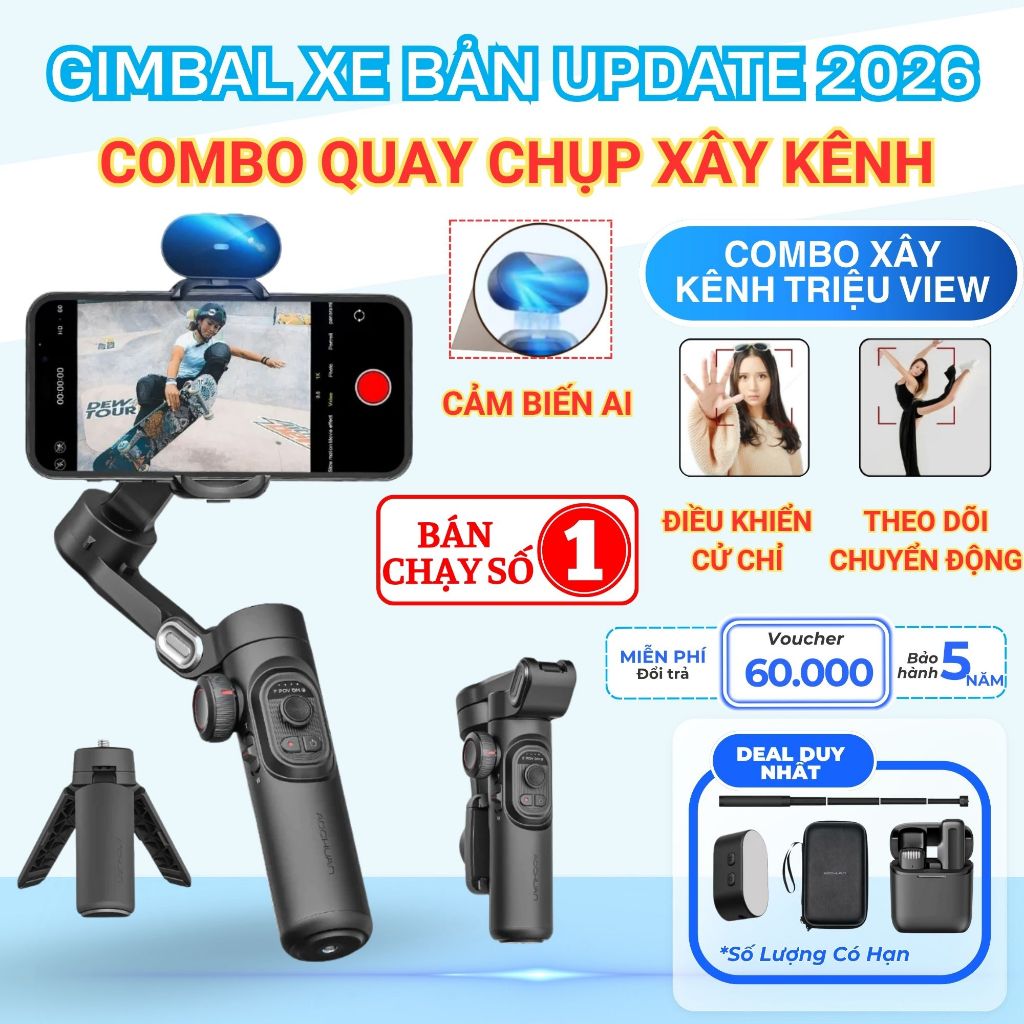 Gimbal Smart XE bản nâng cấp 2026, Gimbal xoay 360 độ giúp quay video livestream sáng tạo nội dung