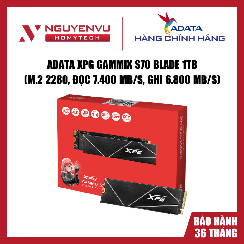 [Full VAT] Ổ cứng SSD Adata XPG GAMMIX S70 BLADE 1TB - PCIe Gen4 x4 - Đọc 7.400MB/s - Chính hãng