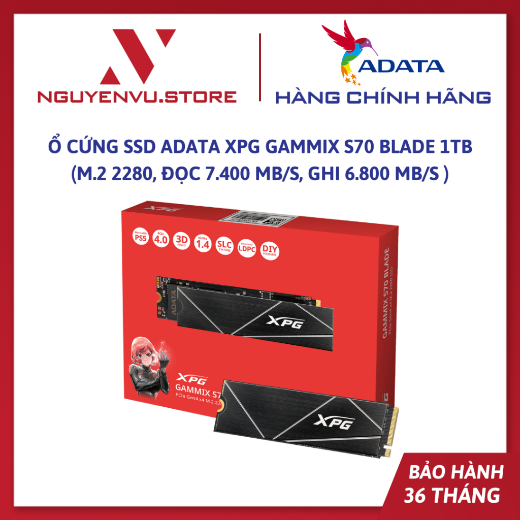 Ổ cứng SSD Adata XPG GAMMIX S70 BLADE 1TB M.2 2280, Đọc 7.400 MB/s, Ghi 6.800 MB/s - Hàng chính hãng