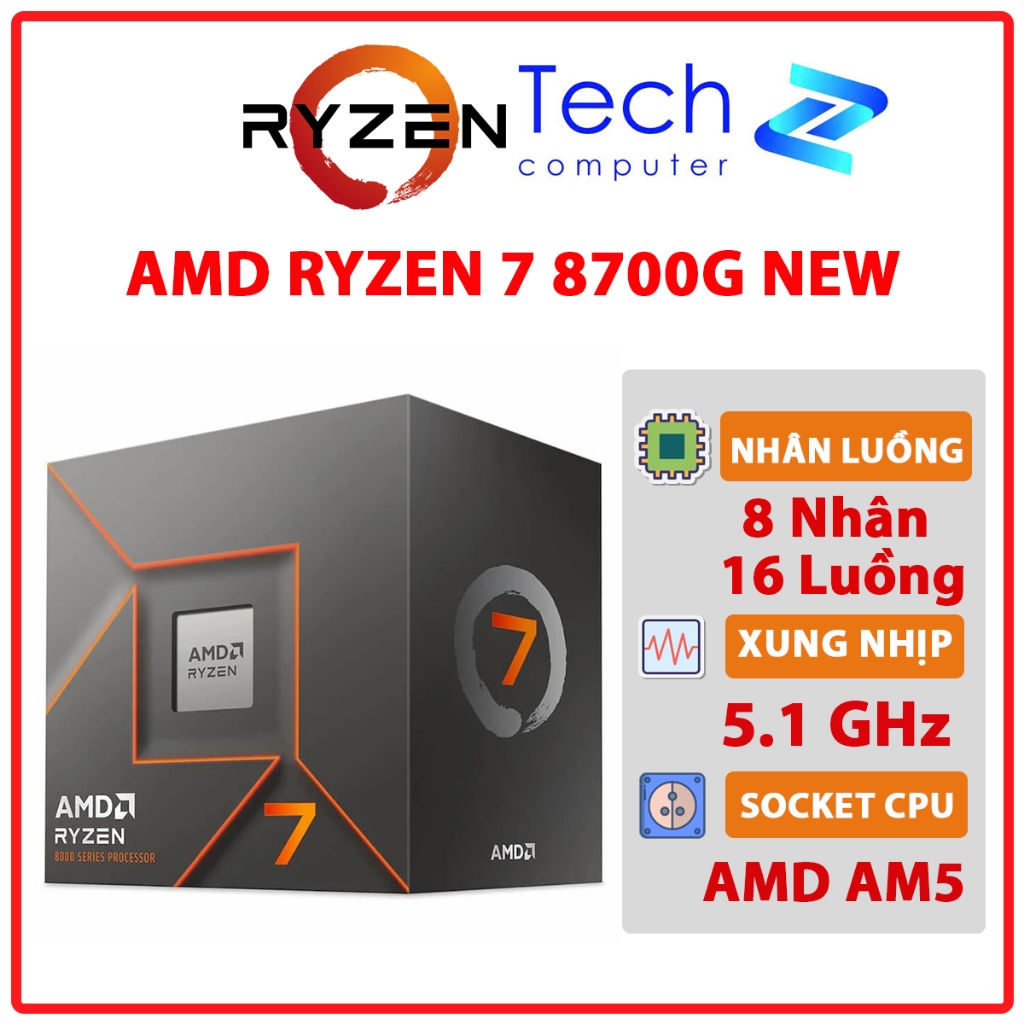 CPU AMD Ryzen 7 8700G 8 Core 16 Thread 4.2GHz Turbo 5.1GHz Cache 24MB 65W Socket AM5 – Chính Hãng