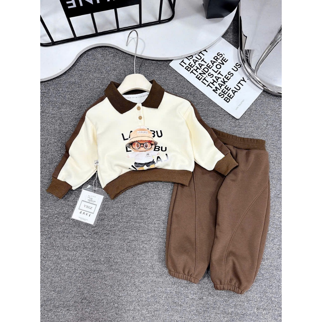 BỘ NỈ DA CÁ CỔ TRỤ PHỐI MÀU LABUBU