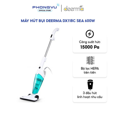 Máy hút bụi Deerma DX118C SEA 600W - Lực Hút 12000 - 15000 Pa, 1.2 L, HEPA, 3 Đầu Hút - Bảo hành 12 tháng