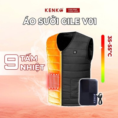 Áo sưởi điện KENKO V01 gile cổ tim gọn nhẹ, lót nhung, 9 vùng nhiệt giữ ấm