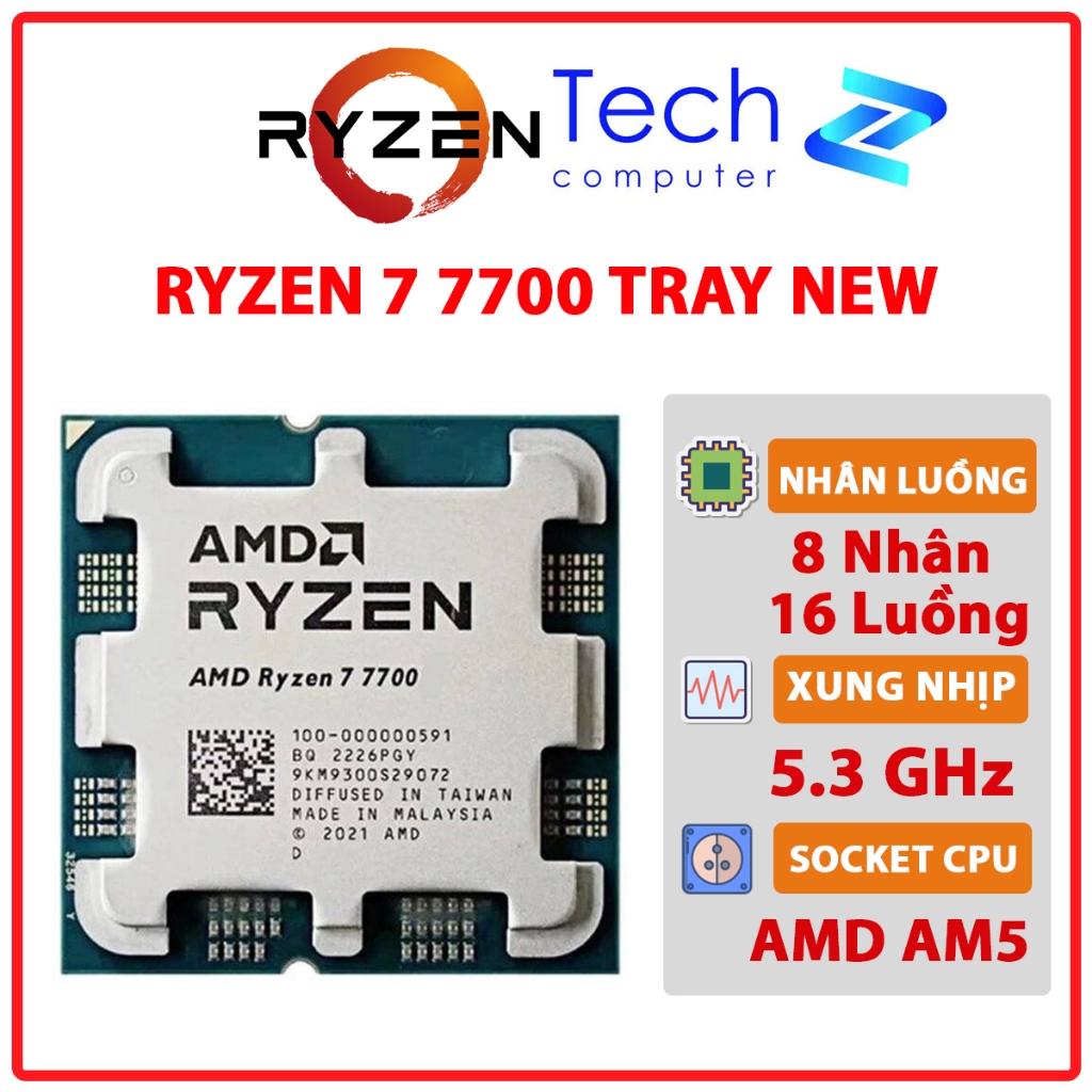 CPU AMD Ryzen 7 7700 (8 Core 16 Thread 3.8GHz Turbo 5.3GHz Cache 40MB 65W Socket AM5) – Tray New