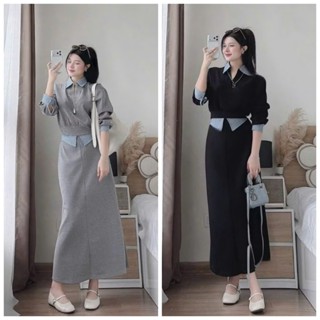  Set váy nữ chất borip áo phối kẻ sọc xanh cổ bẻ tay dài phối chân váy dáng dài trẻ trung sành điệu thích hợp đi chơi 