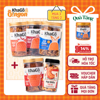 [MUA 3 TẶNG 2] Tổng 5 hộp khô SIZE TRUNG Khô heo, Khô bò, Khô gà, Cá cơm mắm tỏi, Hạt điều chọn vị | KHA GỒ