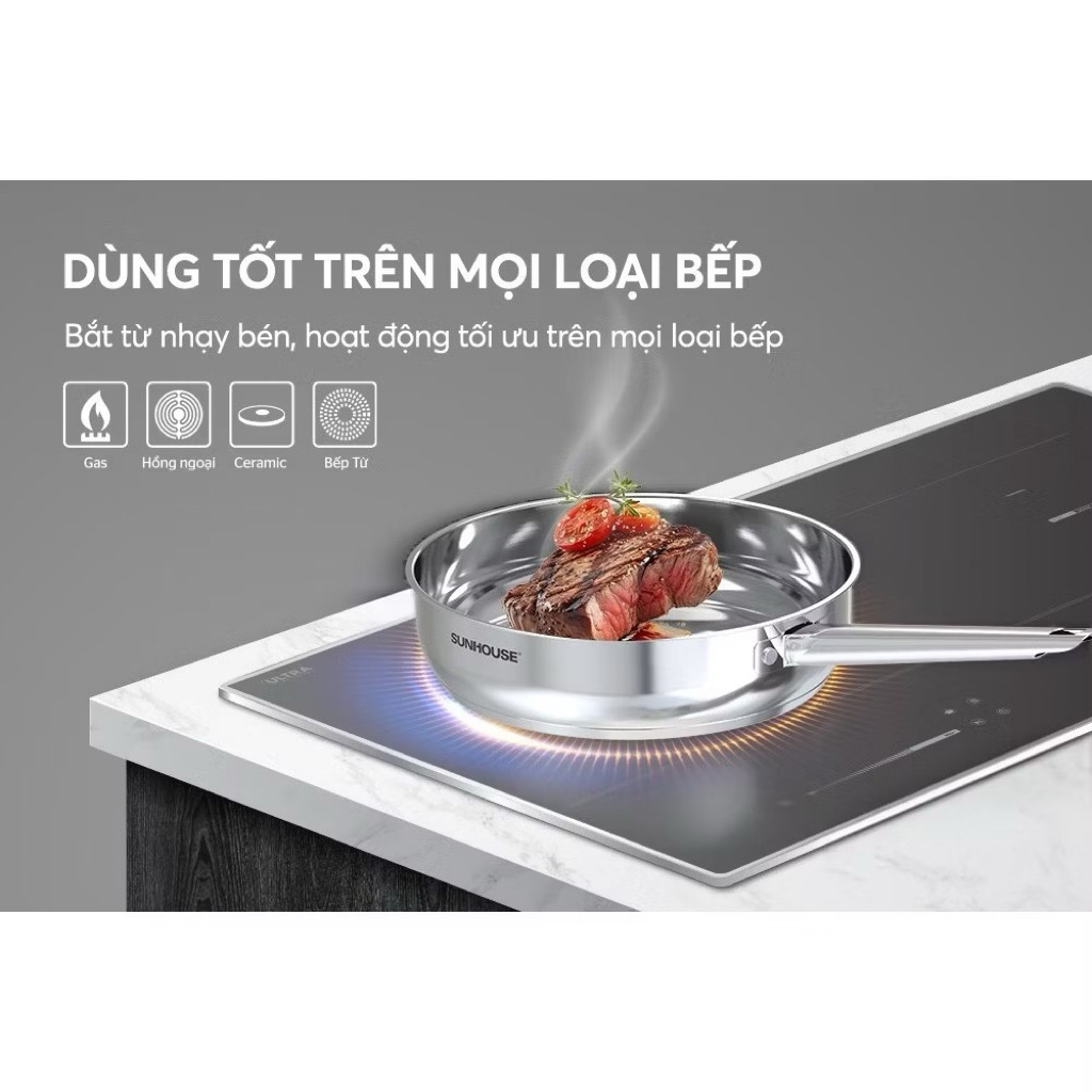CHẢO INOX ĐA LỚP SUNHOUSE  IN16M9/IN16M9 inox liền khối siêu bền bỉ, dùng mọi loại bếp
