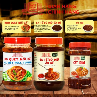 Combo 3 hủ gồm Kho quẹt 250g, Sa tế sò điệp 260g và Ớt rim hủ 140g Làng Chài Xưa nguyên liệu tươi