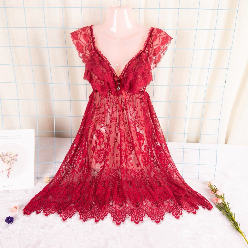 Váy ngủ sexy, váy ngủ ren hoa dáng dài, dây áo bản to đính nơ tặng kèm quần chip | BigBuy360 - bigbuy360.vn