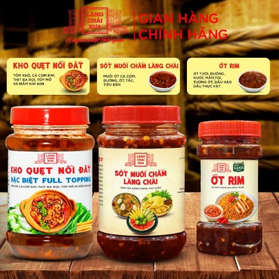 Combo 3 hủ gồm Kho quẹt nồi đất 250g,Sốt muối chấm làng chài 290g và Ớt rim 140g Làng Chà Xưa