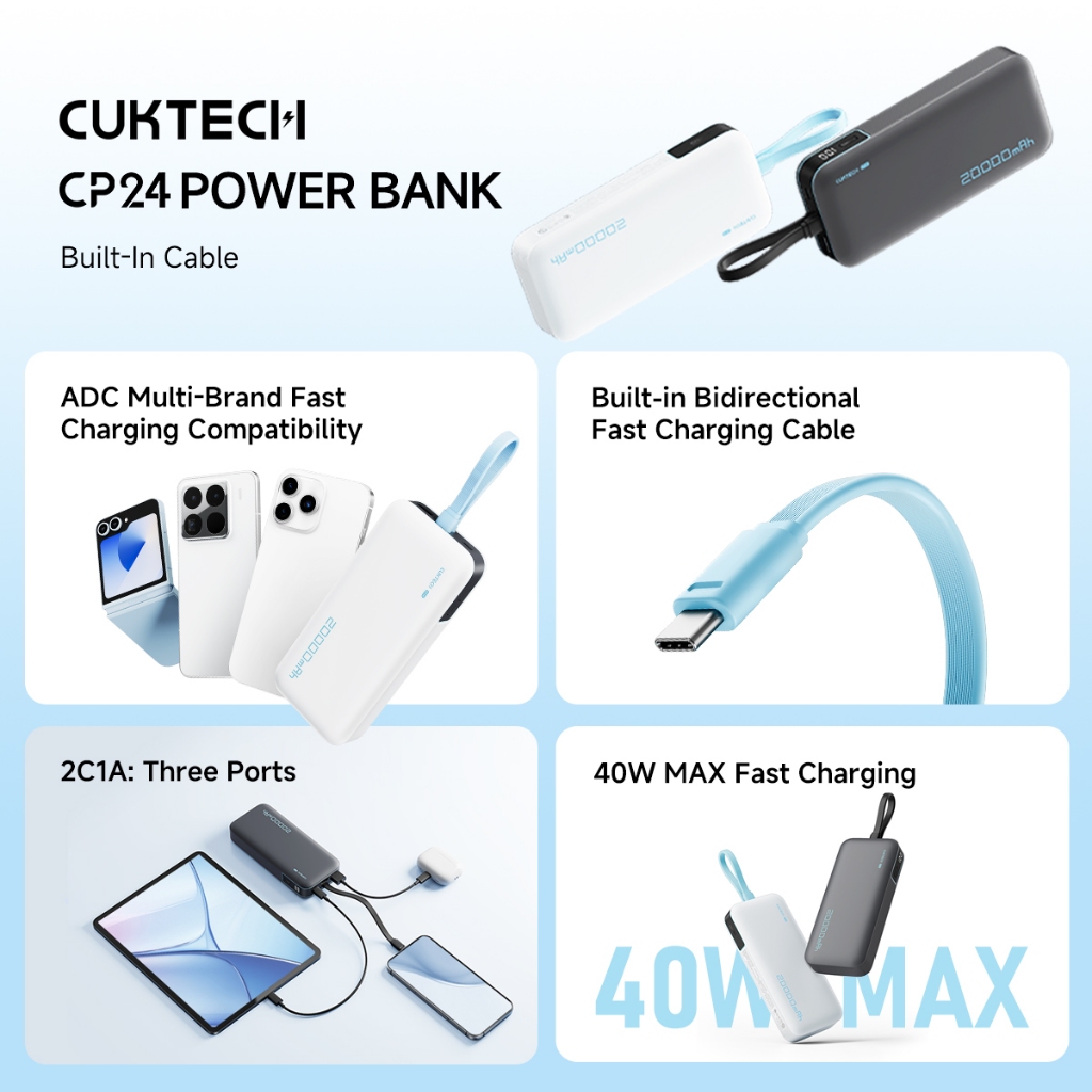 【Được chứng nhận CCC】CUKTECH Pin Dự Phòng 20000mAh Sạc Nhanh 40W – Tích Hợp Dây, Hỗ Trợ iP 38W / Xiaomi 33W —— CP24 | BigBuy360 - bigbuy360.vn