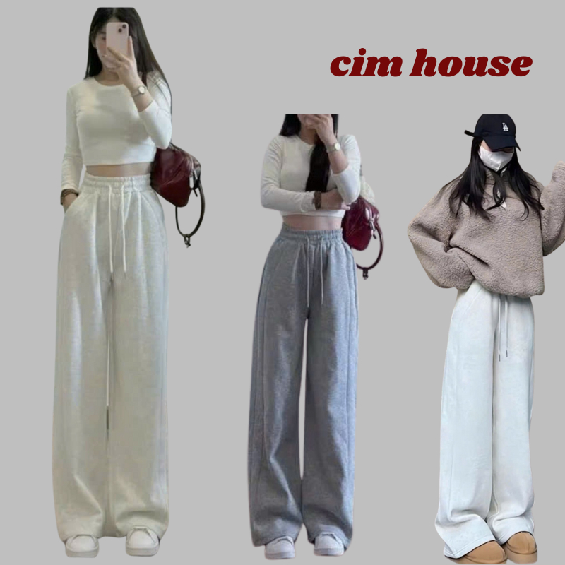 Quần Ống Rộng Chất Nỉ Ép 2 Da Mềm Mịn - Quần Nỉ Dáng Suông Lưng Cao Cạp Chun Có Dây Rút Điều Chỉnh-M