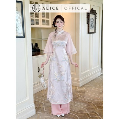 Áo Dài Cach Tân Mây Hồng Alice Chất Gấm Phối Tơ Hàn Đính Hoa Cao Cấp, Áo Tay Lửng Cổ Truyền Thống AD992