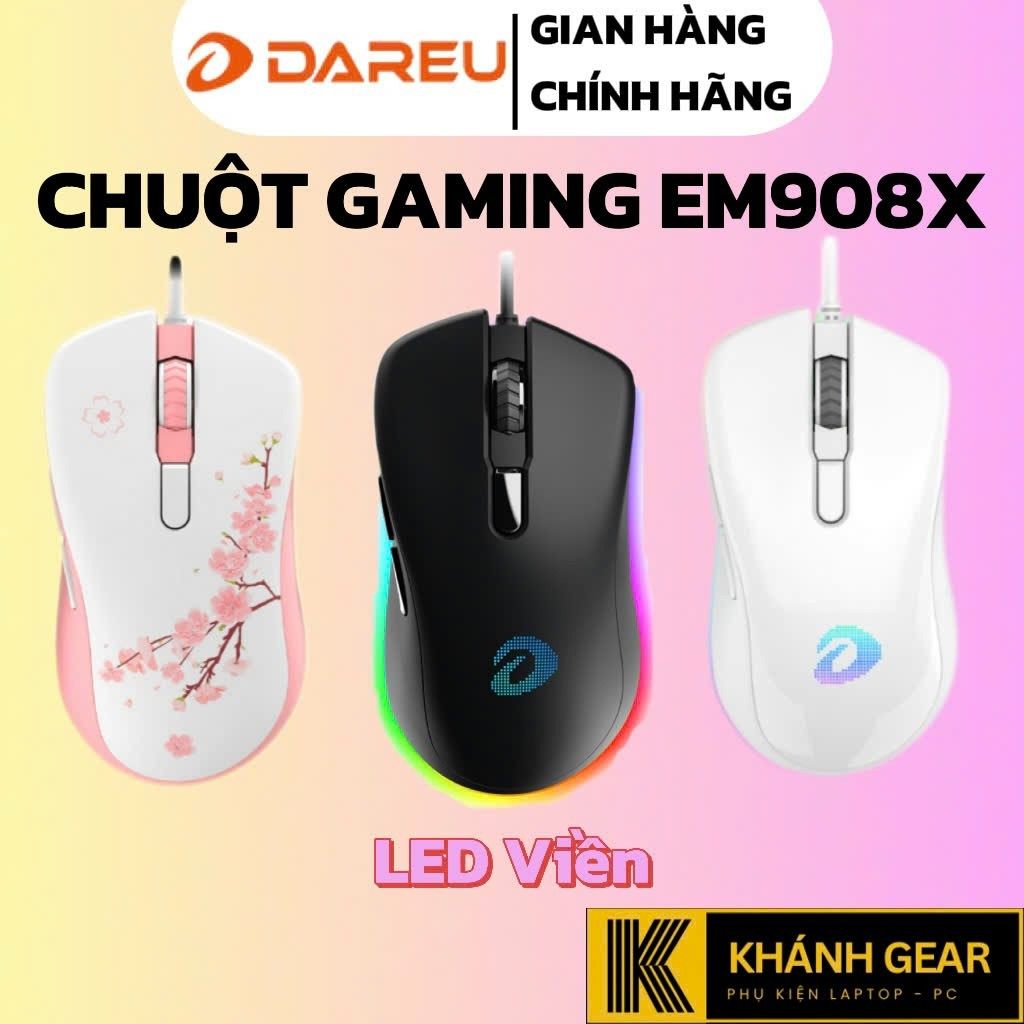 Chuột Gaming DAREU EM908X Pink / Black / White (LED RGB, BRAVO sensor)
