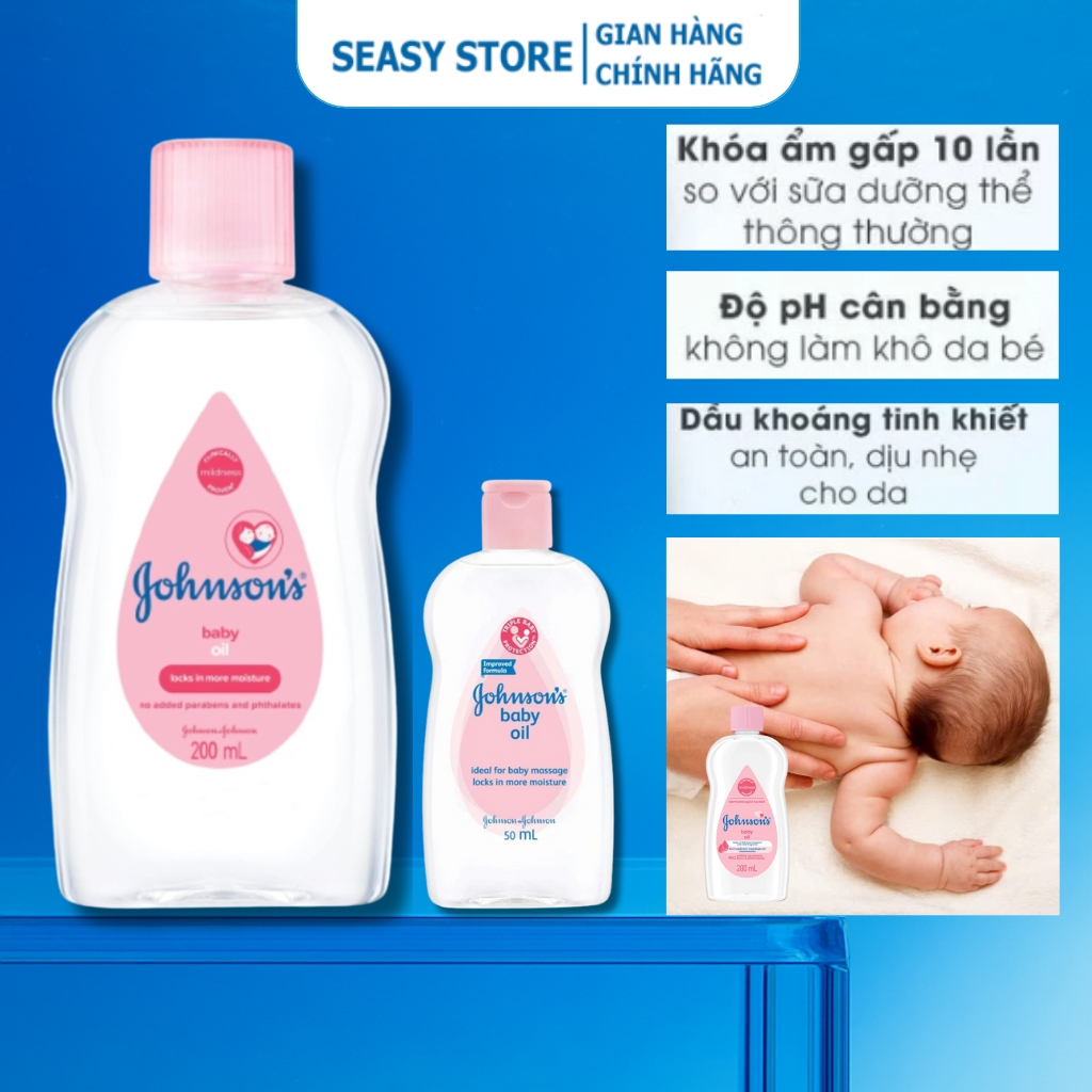 Dầu Massage Cho Bé Sơ Sinh Johnson’s Baby Oil 50ml, 200ml – Dưỡng Ẩm Da Mềm Mịn, An Toàn Cho Trẻ