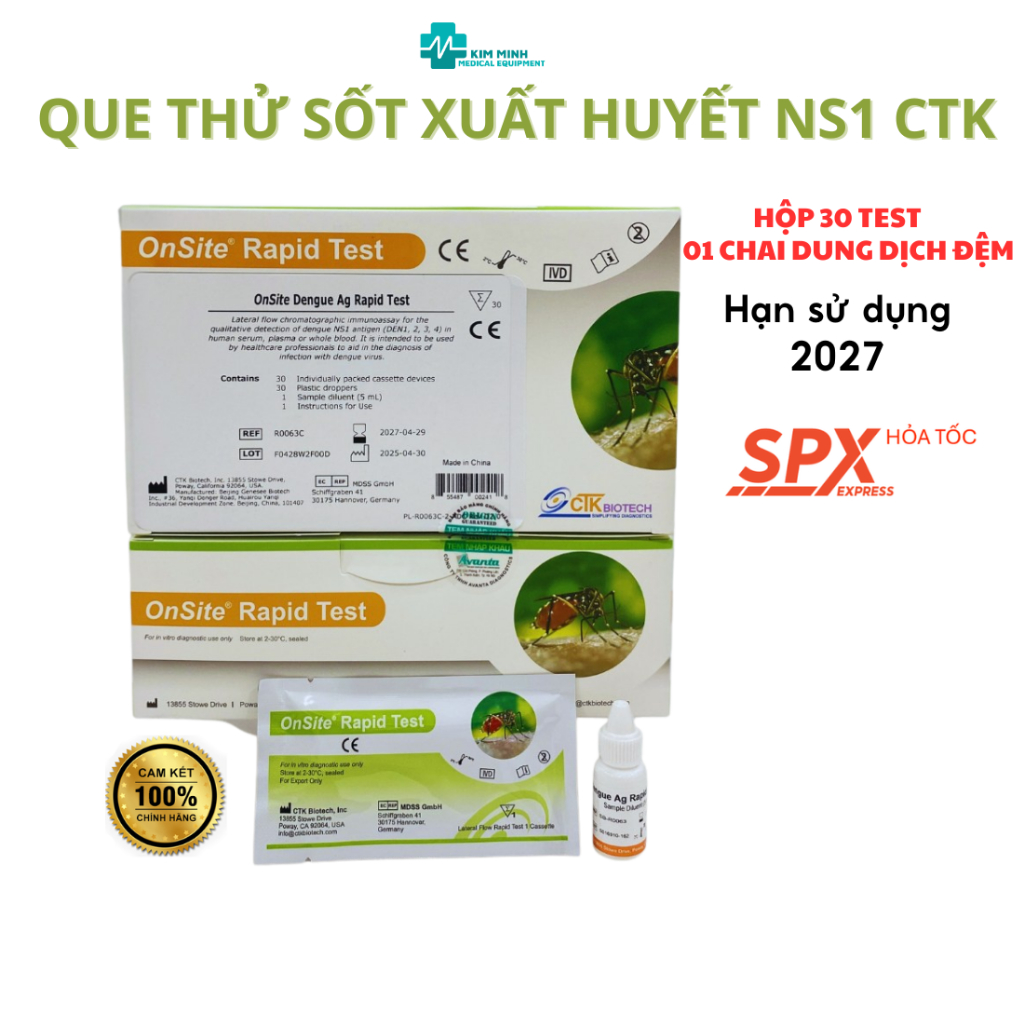 Hộp que test thử nhanh Sốt xuất huyết Dengue CTK NS1 hộp 30 test (HSD 04/2027)