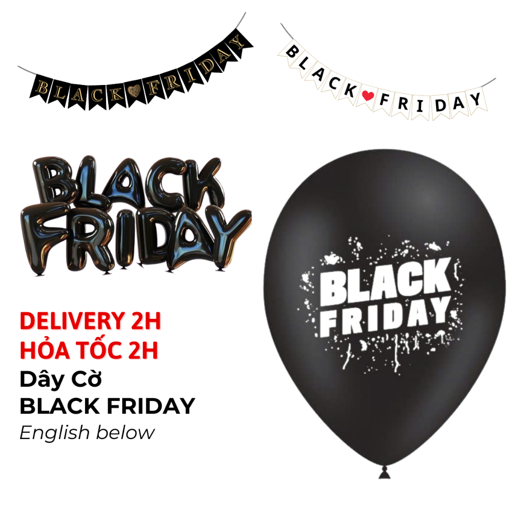 Bộ Bóng, Dây Cờ Black Friday Nhiều Màu – Black Friday Sale Foil Balloon, Black Friday Bunting Set CT