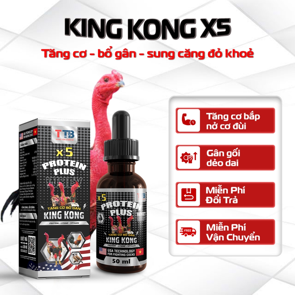 KING KONG X5 – Tăng Cơ Bắp – Bổ Gân – Sung Đỏ Khỏe – Dinh Dưỡng Cho Gà Chọi – X5 Protein Plus 50ml