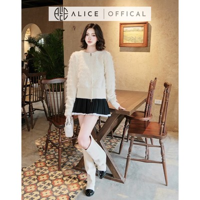 Set Váy Thu Đông Alice Áo Khoác Len Lông Kim Tuyến Dài Tay Khóa Kéo Phối Chân Váy Len Freesize Dưới 56kg S1005