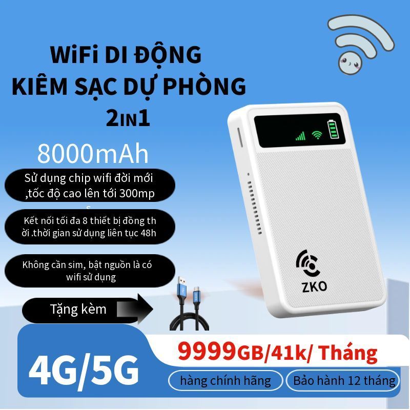 1 Tháng / 9999GB Phát wifi kiêm sạc dự phòng 8000Mah kết nối 8-10 thiết bị ,Bộ phát di động tốc độ300Mbps Bảo Hành 1 Năm