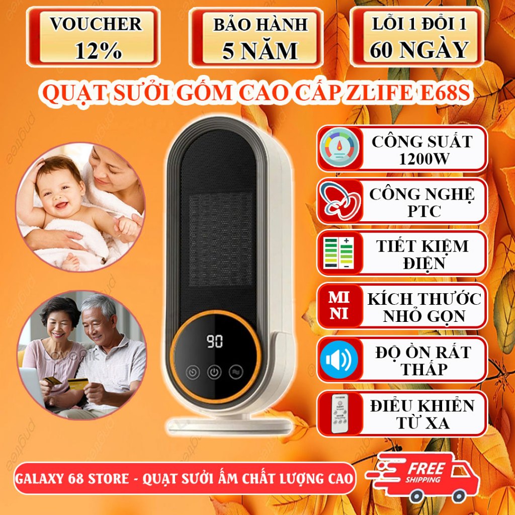 Máy Sưởi Gốm Để Bàn, Quạt Sưởi Ấm Mùa Đông E68S, Máy Sưởi Phòng Ngủ Công Nghệ Nhật Bản Làm Ấm Nhanh