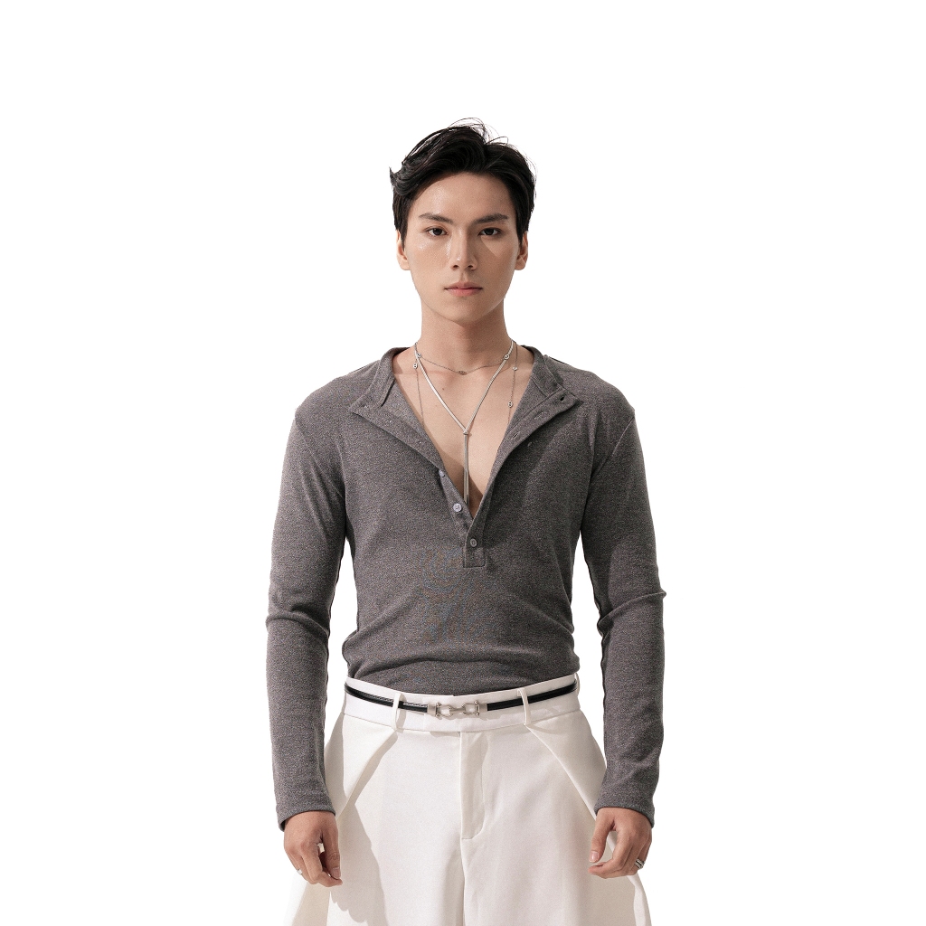 Áo cổ tròn cài nút form slim Uncle M cotton ribbed knit Unisex cổ sâu - Slim Henley Shirt