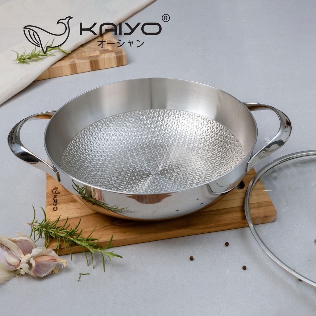 Nồi lẩu - chảo đúc inox 304 3 lớp đáy liền dập nổi Kaiyo sâu lòng 2 tay cầm vung kính size 24cm, 28c