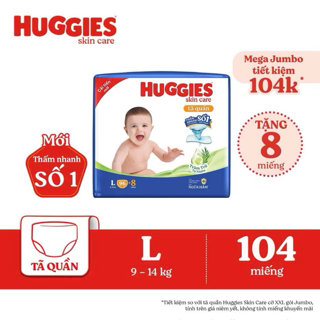 Tã quần Huggies Mega Jumbo M102+4/L100+4/XL84+4/XXL76+4, Bỉm quần Huggies Tràm Trà Ngừa Hăm Dịu Da