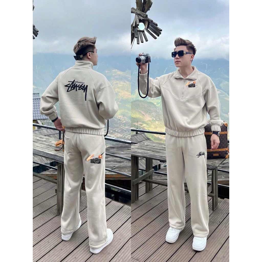 Bộ Nỉ Swt Naiky phối Stusii Chất Nỉ Bông Lên From Sang Xịn- Bộ Thu ĐôngNam Nữ Phối Sẵn 2 Màu Be Và Đen Boy Phố