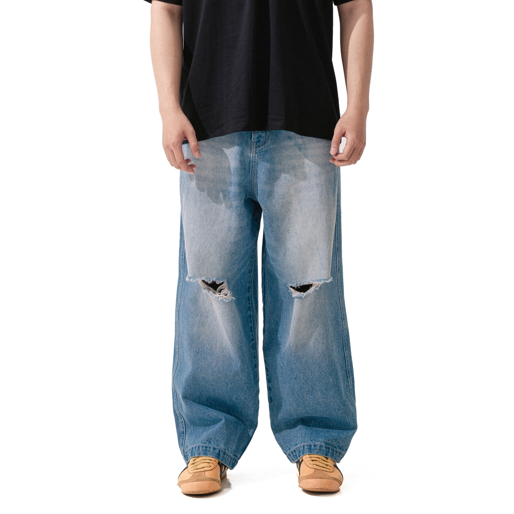 Quần jean ống rộng Uncle M chất liệu cotton denim nam nữ Unisex wash - Loose Denim