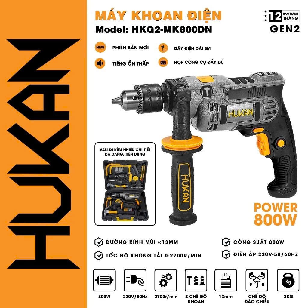 Bộ máy khoan cầm tay HUKAN HKG2-MK800DN, Dây đồng 100%, Công suất 800W, Đầu 13mm - Kèm vali phụ kiện