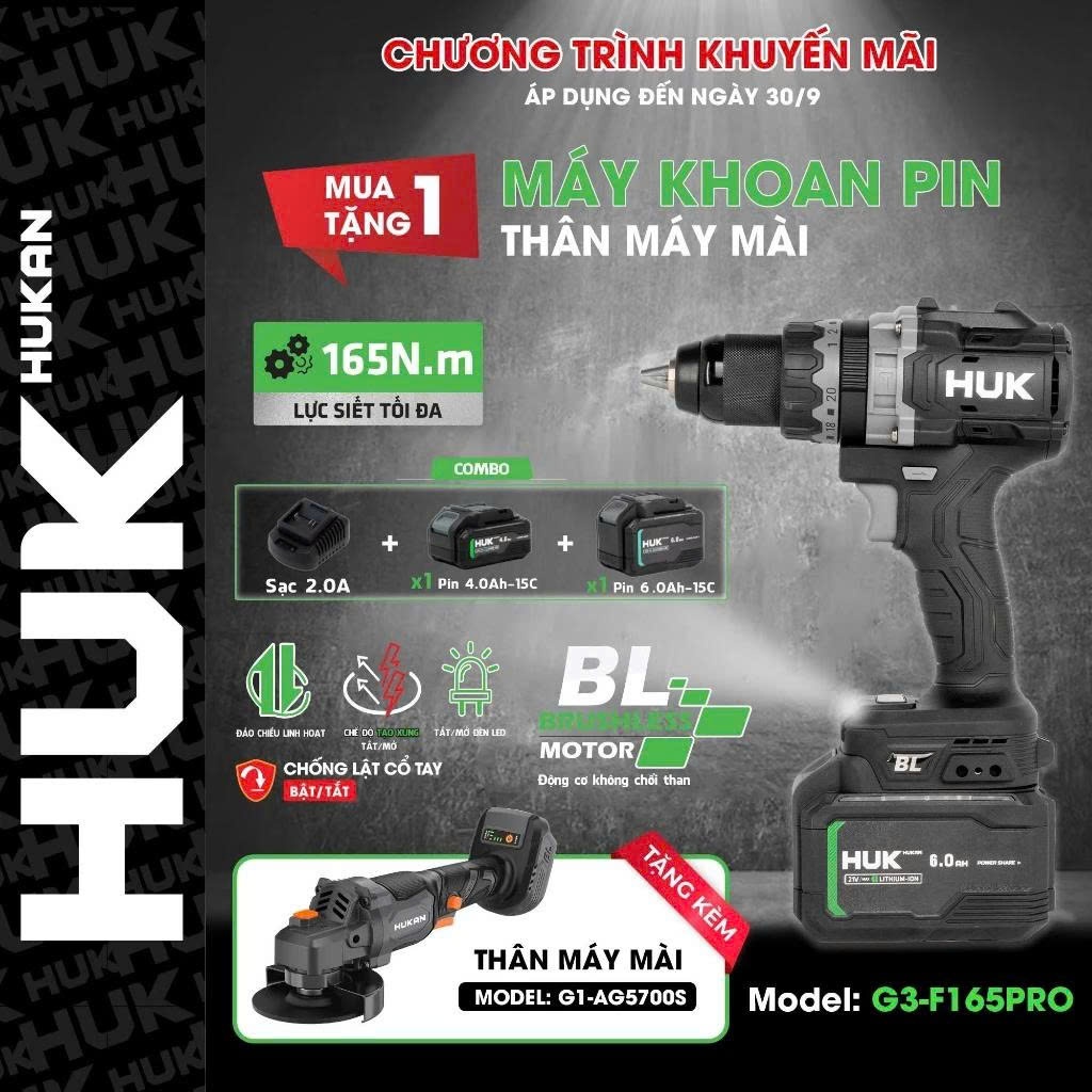 [Tặng mài AG5700S] Khoan Pin HUKAN Gen3 G3-F165PRO / Lực Siết 165N.m / Có ANTI-KICHBACK / TẠO XUNG