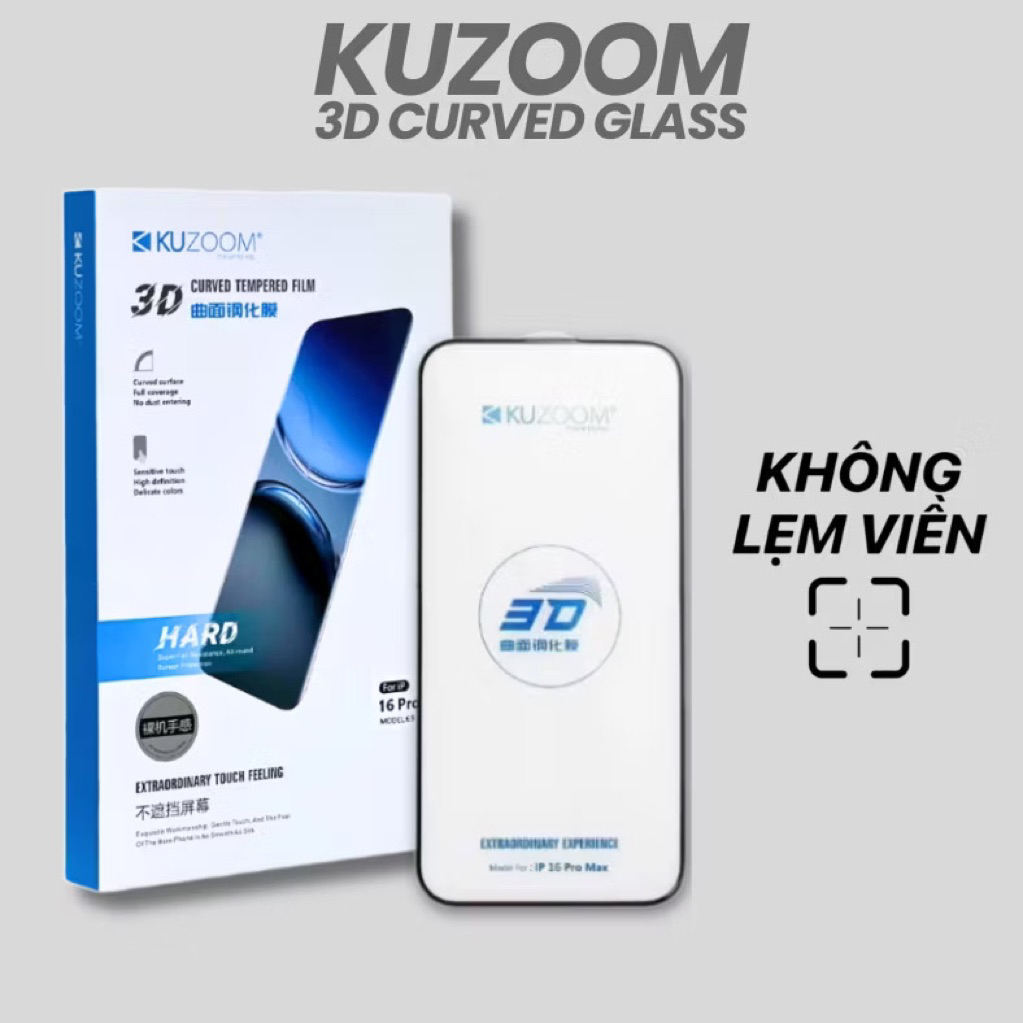 Kính cường lực KUZOOM 3D HARD full tràn viền ip 17 / ip 17 Air/ ip17 pro/ ip17 pro max/ ip16 pro max
