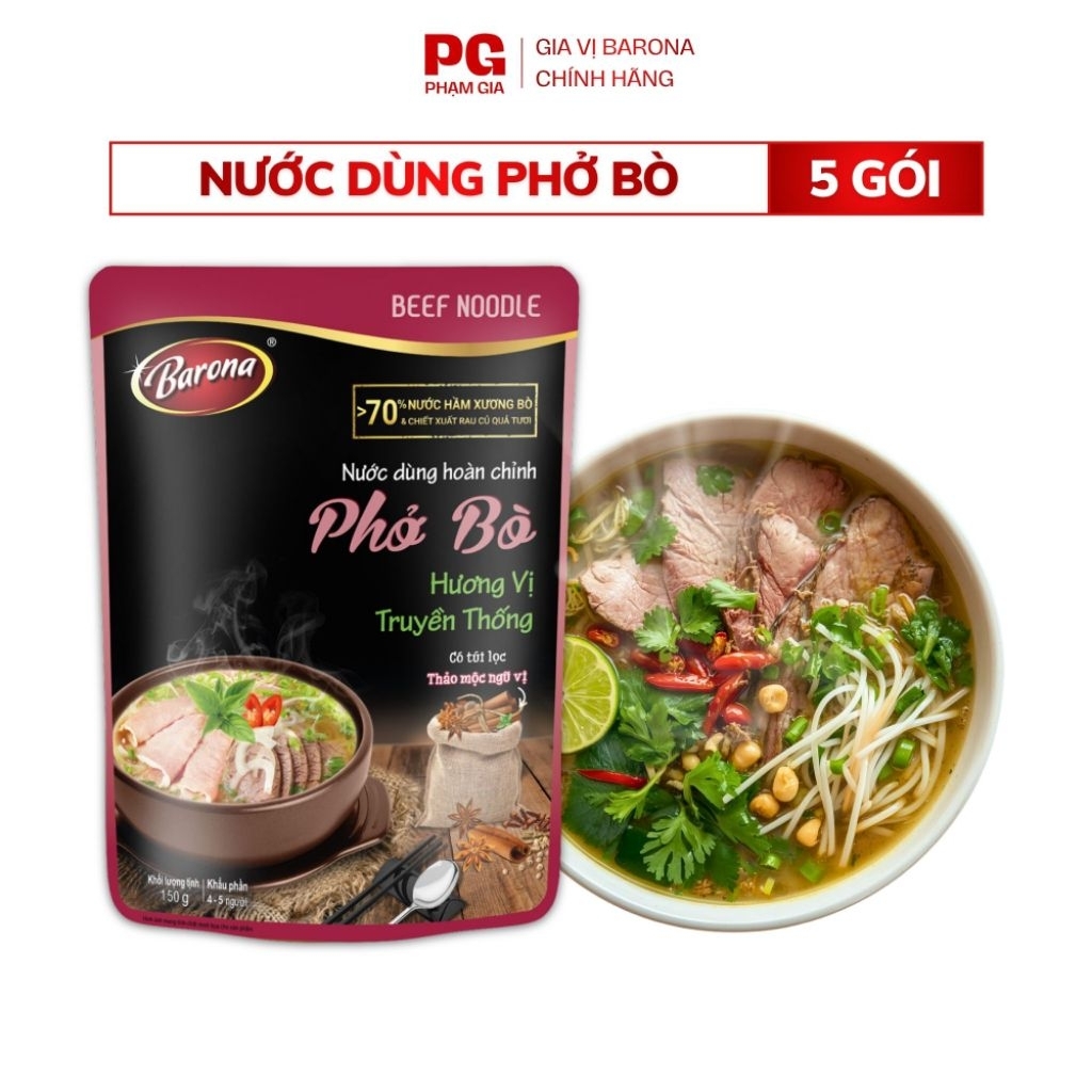 COMBO 5 Gói Nước Dùng Phở Bò Barona 150G Hoàn Chỉnh, Không Cần Nêm Nếm