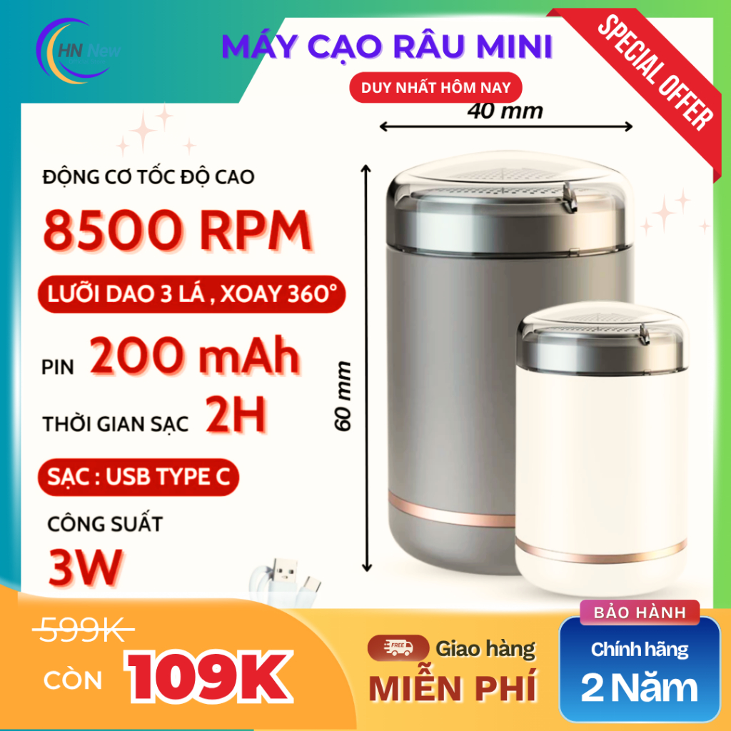 Máy cạo râu mini sạc pin bỏ túi di động, cạo râu khô ướt, Lưỡi Tự Động Mài Sắc Chống Xén Râu