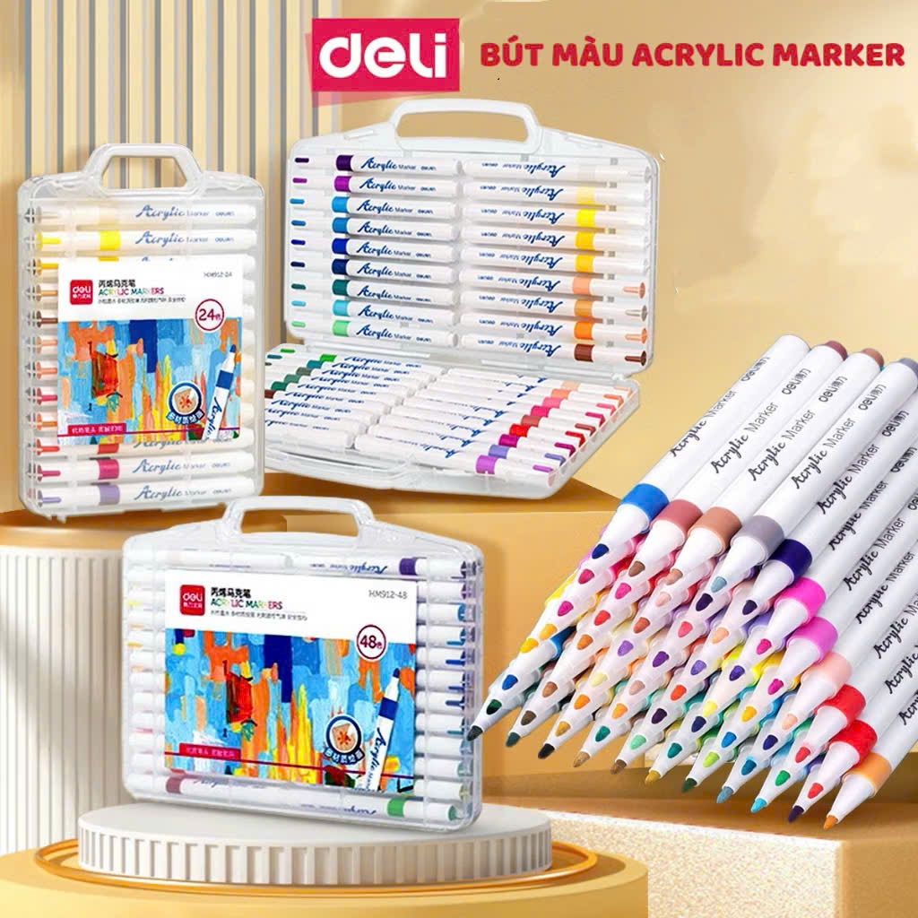 Bút Sơn Acrylic Marker Deli Chính Hãng HM912 -Chính Hãng -12/24/36/48 Màu - Vẽ Trên Mọi Chất Liệu, K