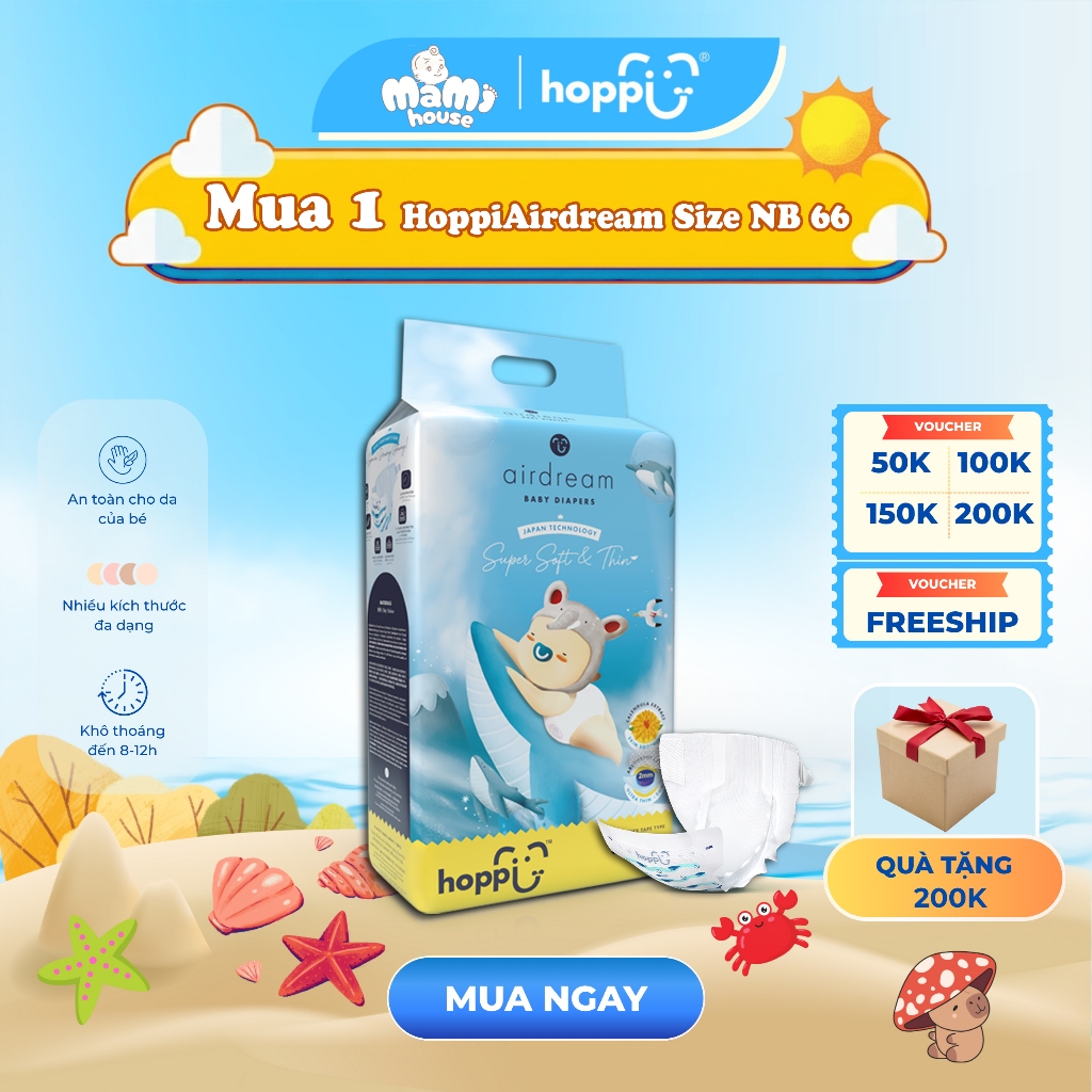 Bỉm - Tã Hoppi Airdream siêu mềm mỏng Size NB 66 Miếng