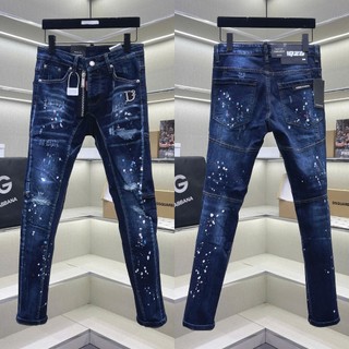  Quần jean bò nam PB biker slimfit xanh đậm wash bạc rách xước vảy sơn tag logo đùi khoá lệch 4 cúc QJ755P 