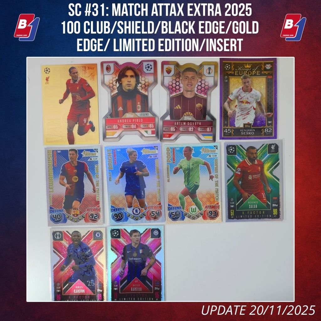 (SC31) Thẻ Lẻ Cầu Thủ: Match Attax Extra 2025 (100 Club, Black / Gold Edge, Shield) - Thẻ Cầu Thủ