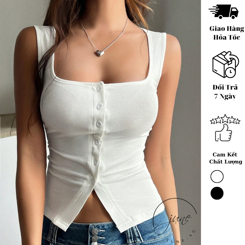 Áo ba lỗ nữ phối nút ôm body JUNE.SG Áo croptop ôm body nữ D169