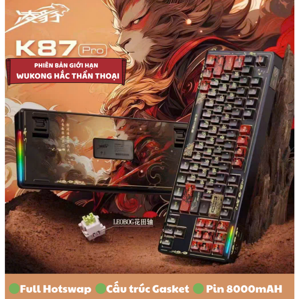 Bàn Phím Cơ Lingbao K87 Pro | Phiên bản Wukong Hắc Thần Thoại | 3 Mode Pin 8000mAH | Keycap in 5 Mặt