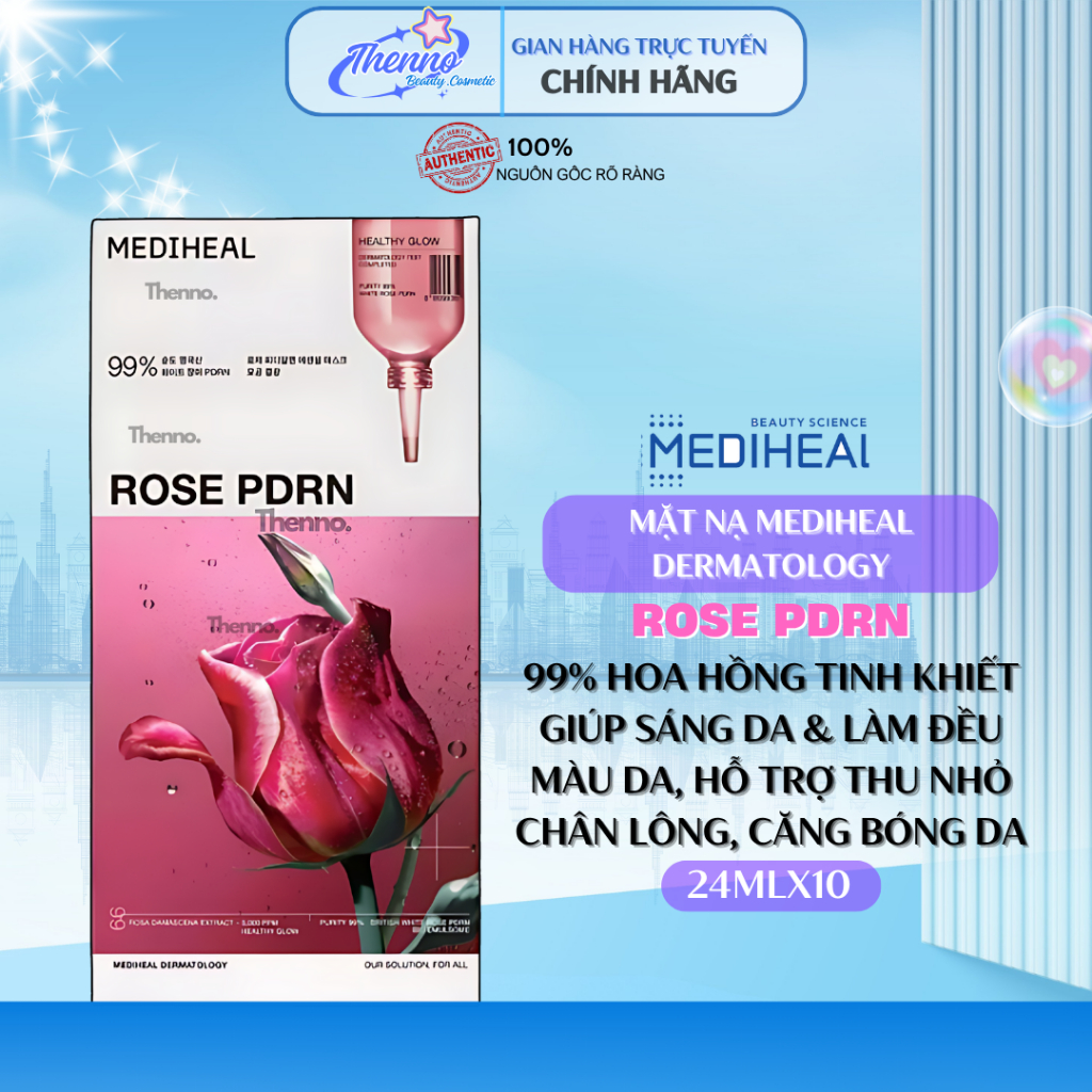 Hộp 10 Mặt Nạ Dưỡng Da Mediheal Rose PDRN Essential 99% 24ml – Dưỡng Ẩm, Se Khít Lỗ Chân Lông