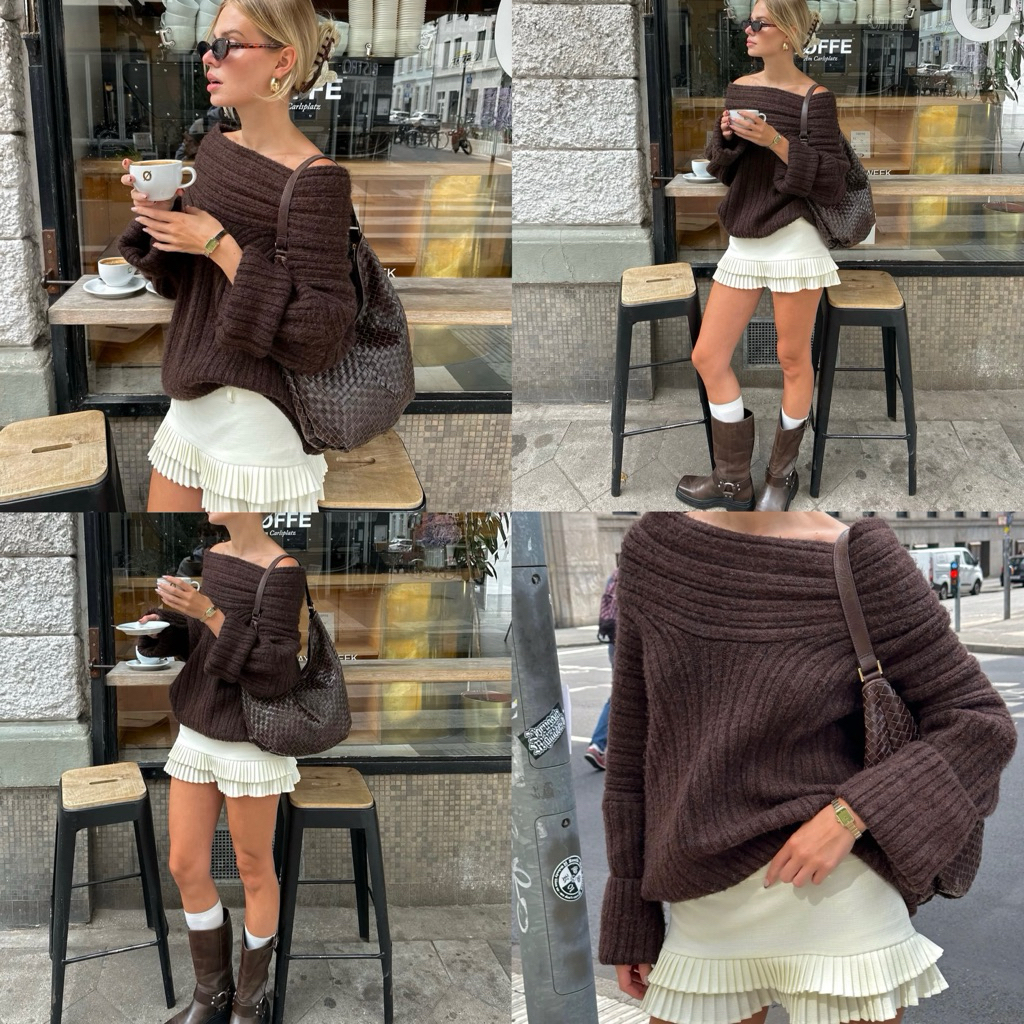   HÀNG SẴN  Áo Len Trễ Vai Vân Ngang Form Rộng Freesize  ẢNH SÀN SHOP TỰ CHỤP  