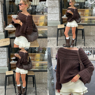  HÀNG SẴN  Áo Len Trễ Vai Vân Ngang Form Rộng Freesize  ẢNH SÀN SHOP TỰ CHỤP  