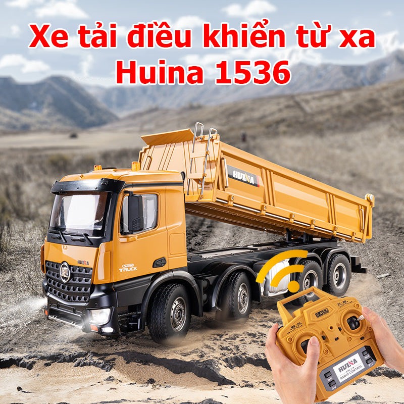 Xe tải-xe ben điều khiển từ xa huina 1536 4 chân cao cấp kèm pin sạc, khả năng tải 15kg có đèn và âm