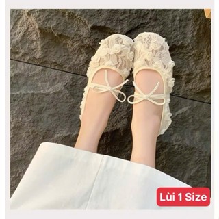 [LÙI 1 SIZE] Giày Bệt Ren Hoa Hồng thêu nổi 5D Tiểu thư - Giày búp bê đế dẻo gắn nơ xinh xắn Mã V037