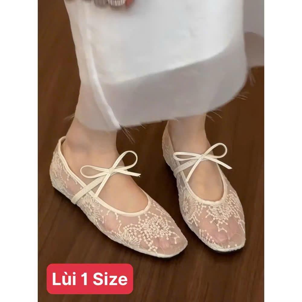 (Lùi 1 sz) Giày nữ búp bê đế bệt vải ren thắt nơ Mã 076